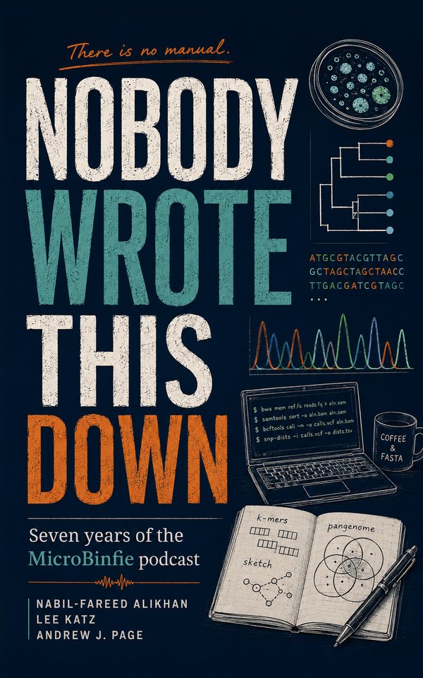 Cover of Nobody Wrote This Down: Seven years of the MicroBinfie podcast, by Nabil-Fareed Alikhan, Lee Katz and Andrew J. Page